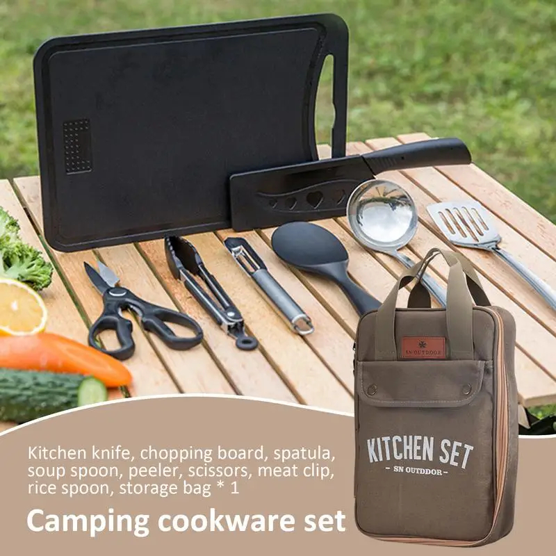 8pcs Camping Kitchen Cookware  - đánh giá và giá Camping Cooking Cutlery Set